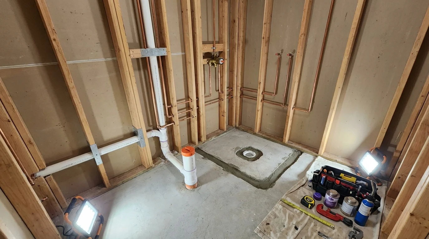 Bathroom rough-in plumbing during remodel by Johns Plumbing LLC in Palacios