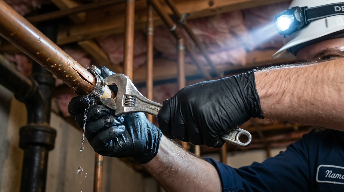Emergency pipe clamp repair being performed by a Johns Plumbing LLC plumber in Palacios