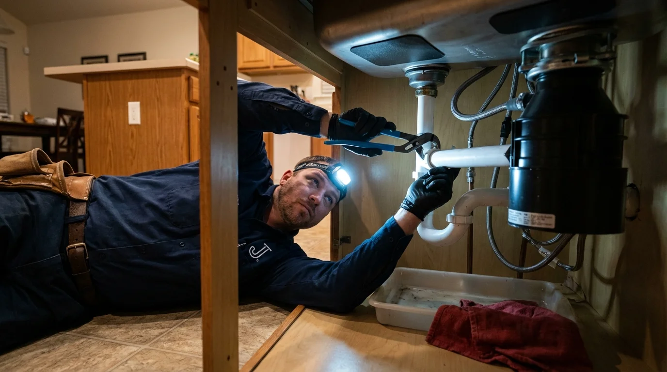 P-trap and supply line connections under a kitchen sink showing a common leak point in Palacios, TX